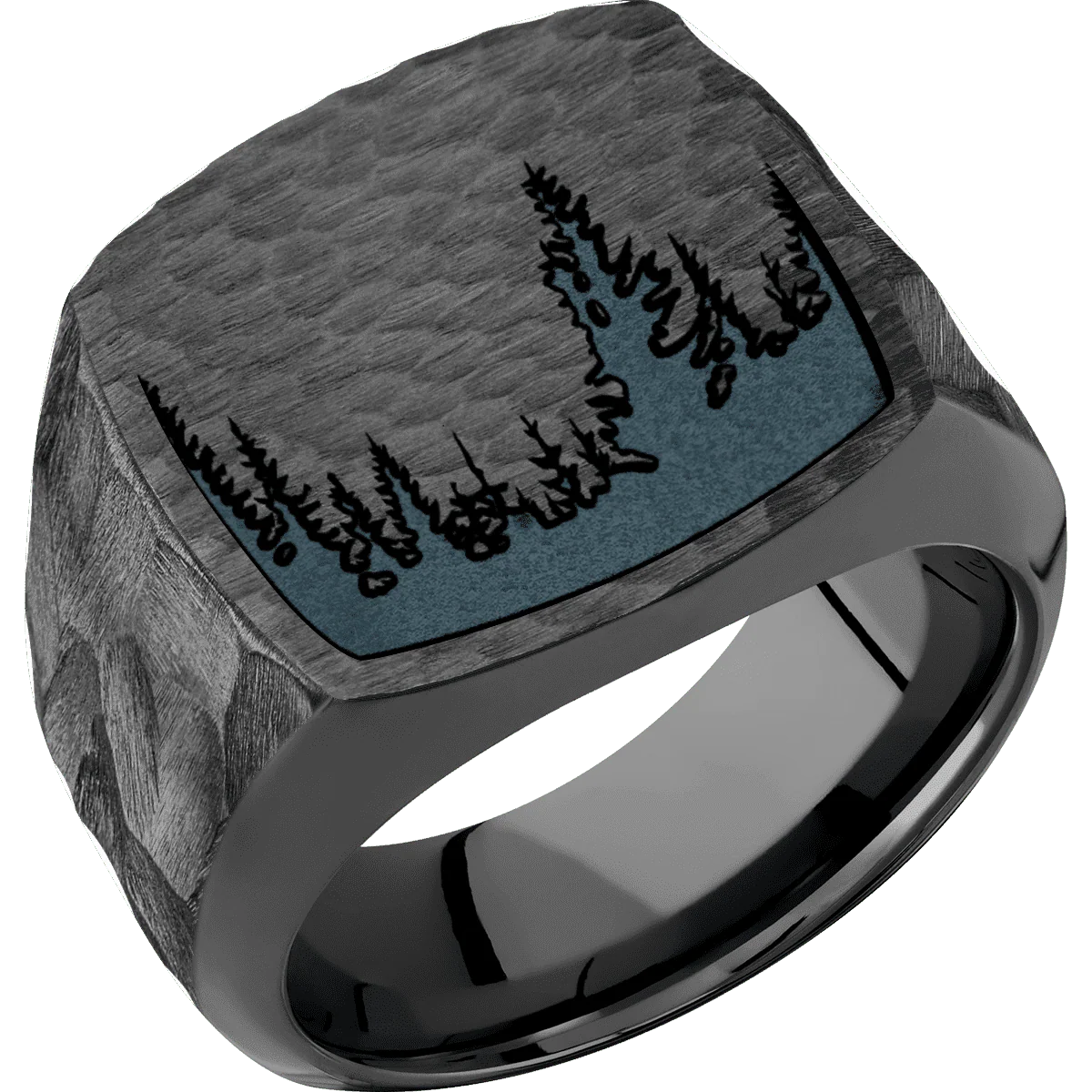 Large Cushion signet ring (18x18mm) in Zirconium, with a Wide style band and a Trees engraving. - Image 2