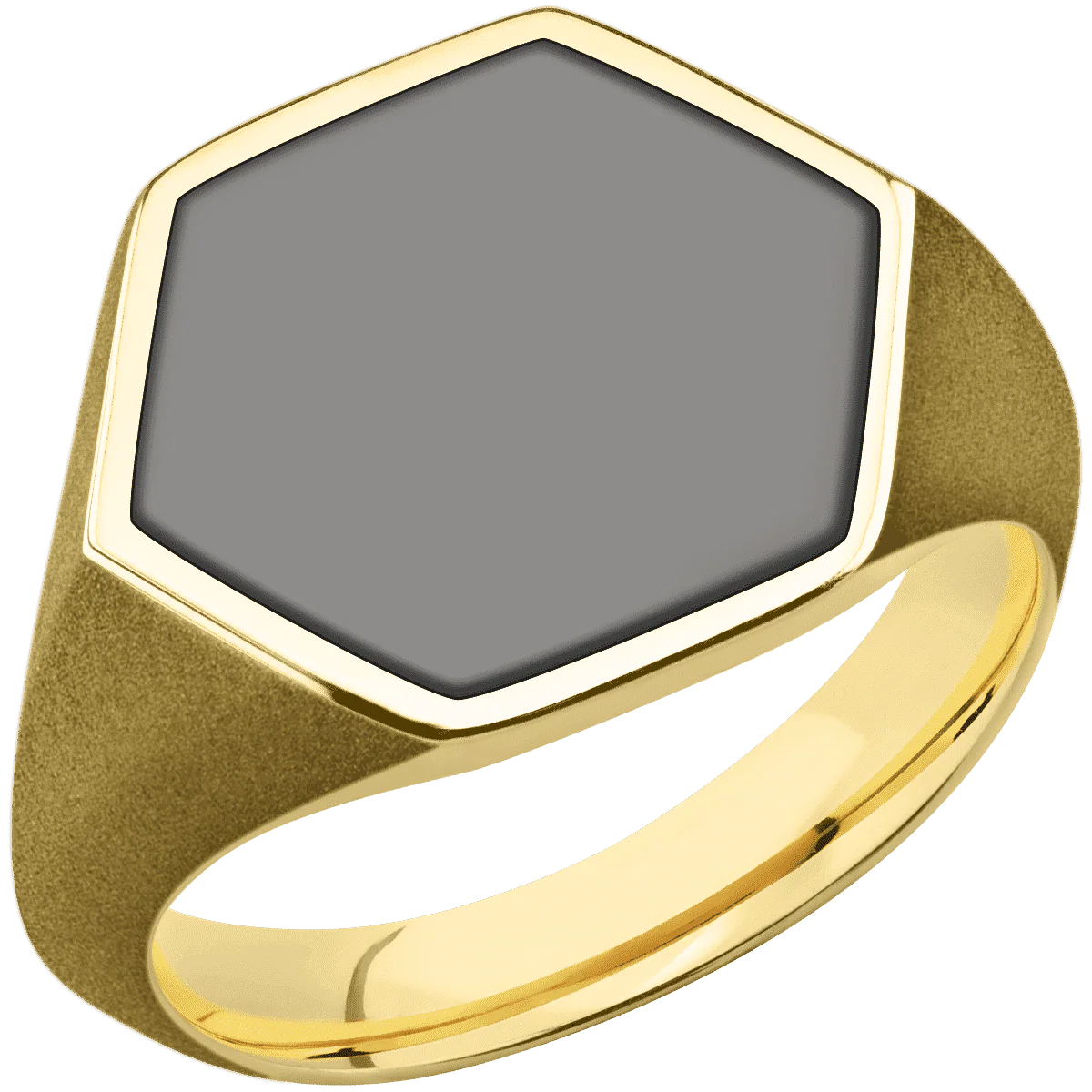 Large Hexagon signet ring (18.5x16mm) in 10K Yellow Gold, with a Thin style band, a Tantalum Noir inlay. - Image 2