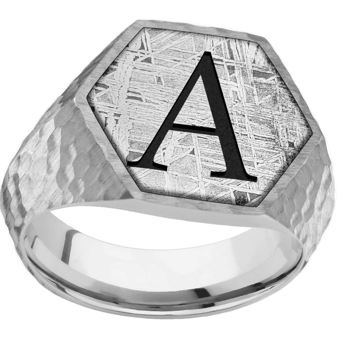Large Hexagon signet ring (18.5x16mm) in Palladium Silver, with a Wide style band, a Meteorite inlay and a Book Antiqua 1 engraving. - Image 3