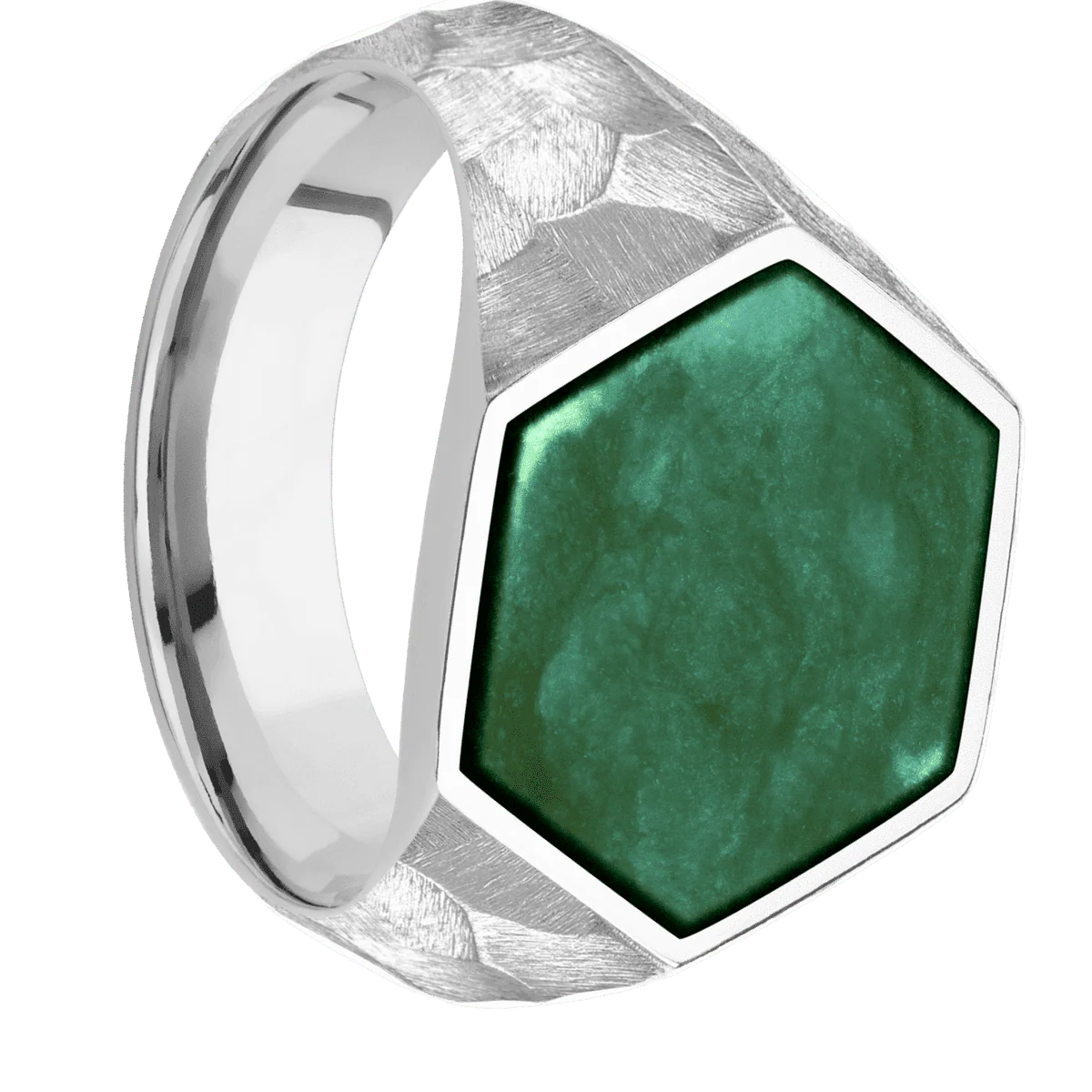 Large Hexagon signet ring (18.5x16mm) in Platinum, with a Wide style band, a Washington Green Jade inlay.