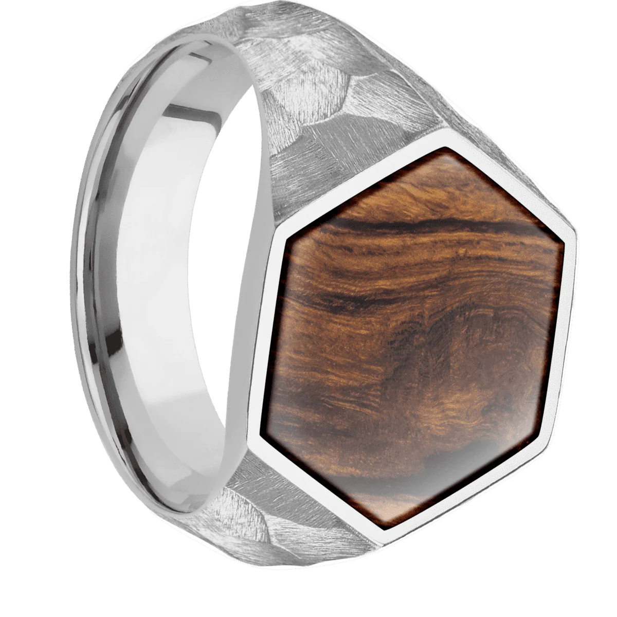 Large Hexagon signet ring (18.5x16mm) in Titanium, with a Wide style band, a Desert Iron Wood inlay.