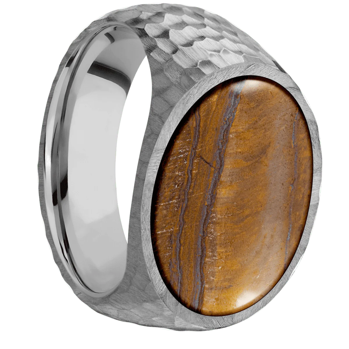 Large Horizontal Oval signet ring (20x16mm) in Titanium, with a Wide style band, a Tigers Eye inlay.