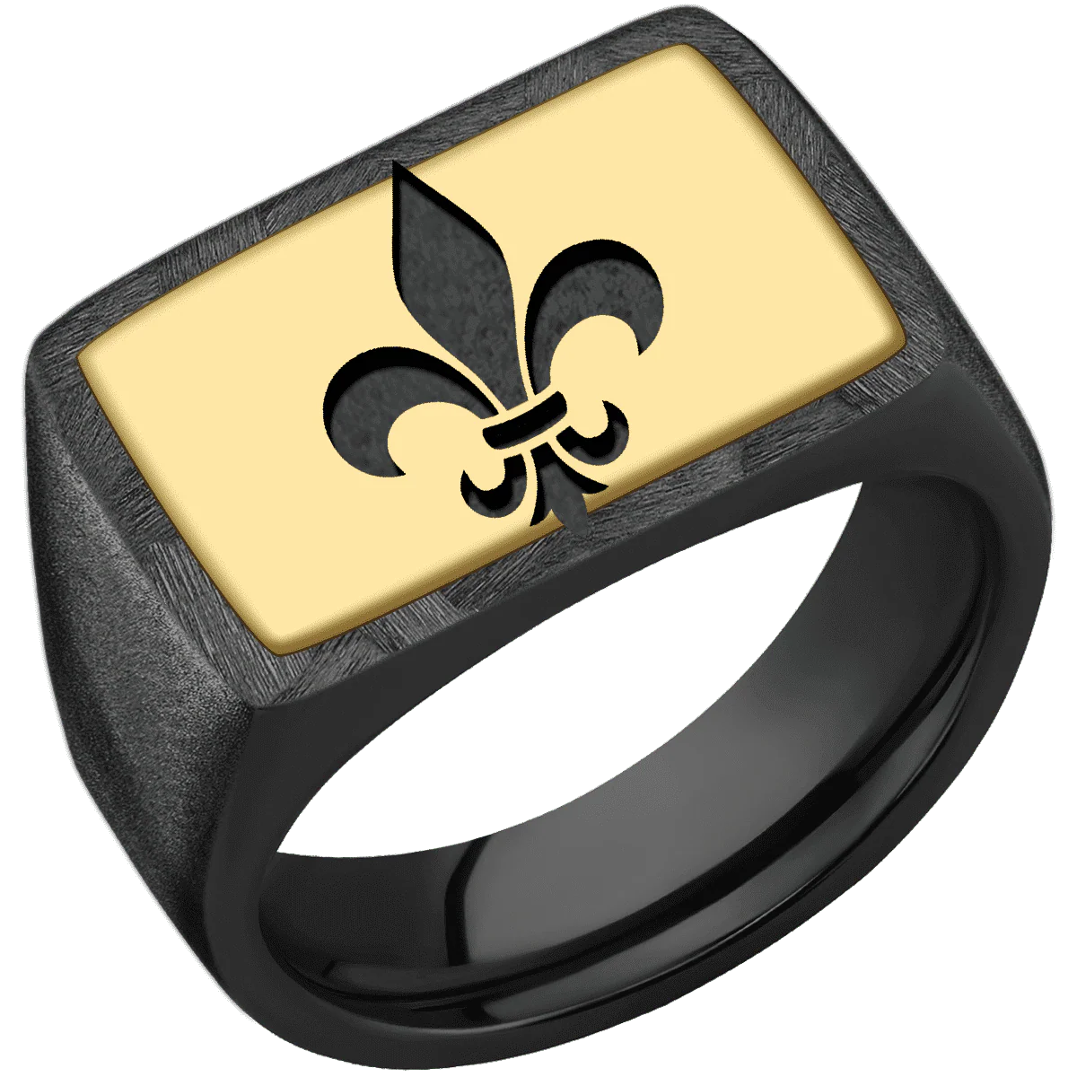 Large Horizontal Rectangle signet ring (20x14.5mm) in Zirconium, with a Wide style band, a 14K Yellow Gold inlay and a Fleur De Lis engraving. - Image 2