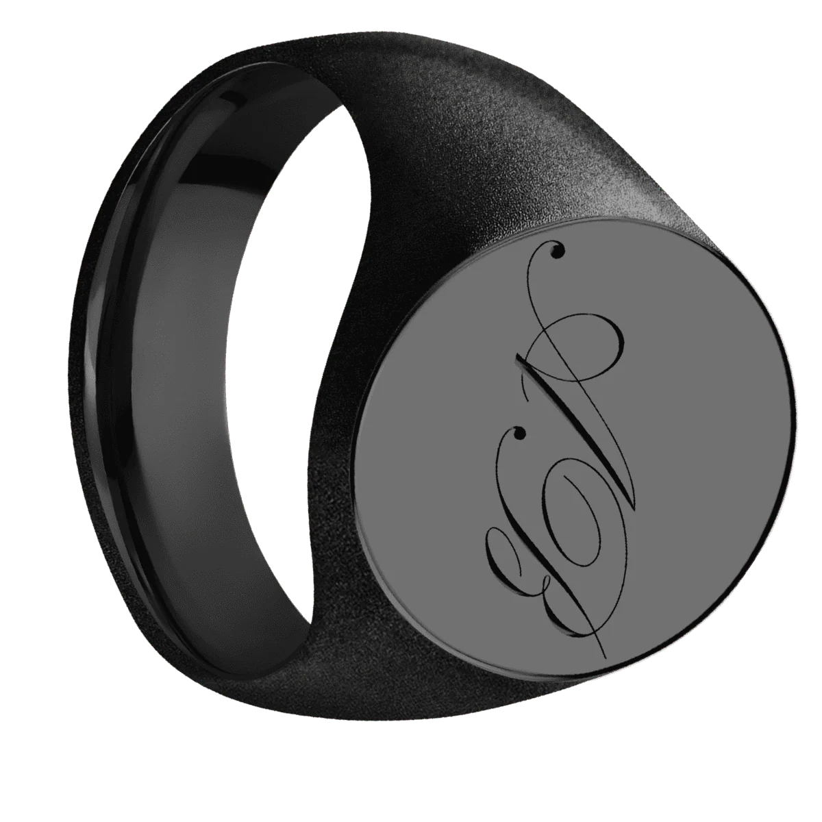 Large Oval signet ring (20x16mm) in Zirconium, with a Wide style band and a Kunstler Script 2 engraving.