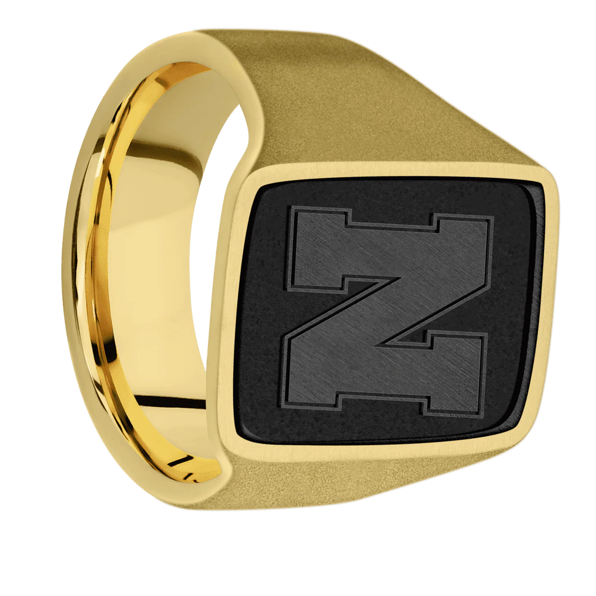 Large Rectangle signet ring (20x14.5mm) in 14K Yellow Gold, with a Wide style band, a Zirconium inlay and a Nebraska Block N Rev engraving.