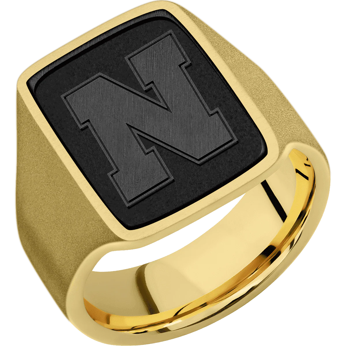 Large Rectangle signet ring (20x14.5mm) in 14K Yellow Gold, with a Wide style band, a Zirconium inlay and a Nebraska Block N Rev engraving. - Image 2