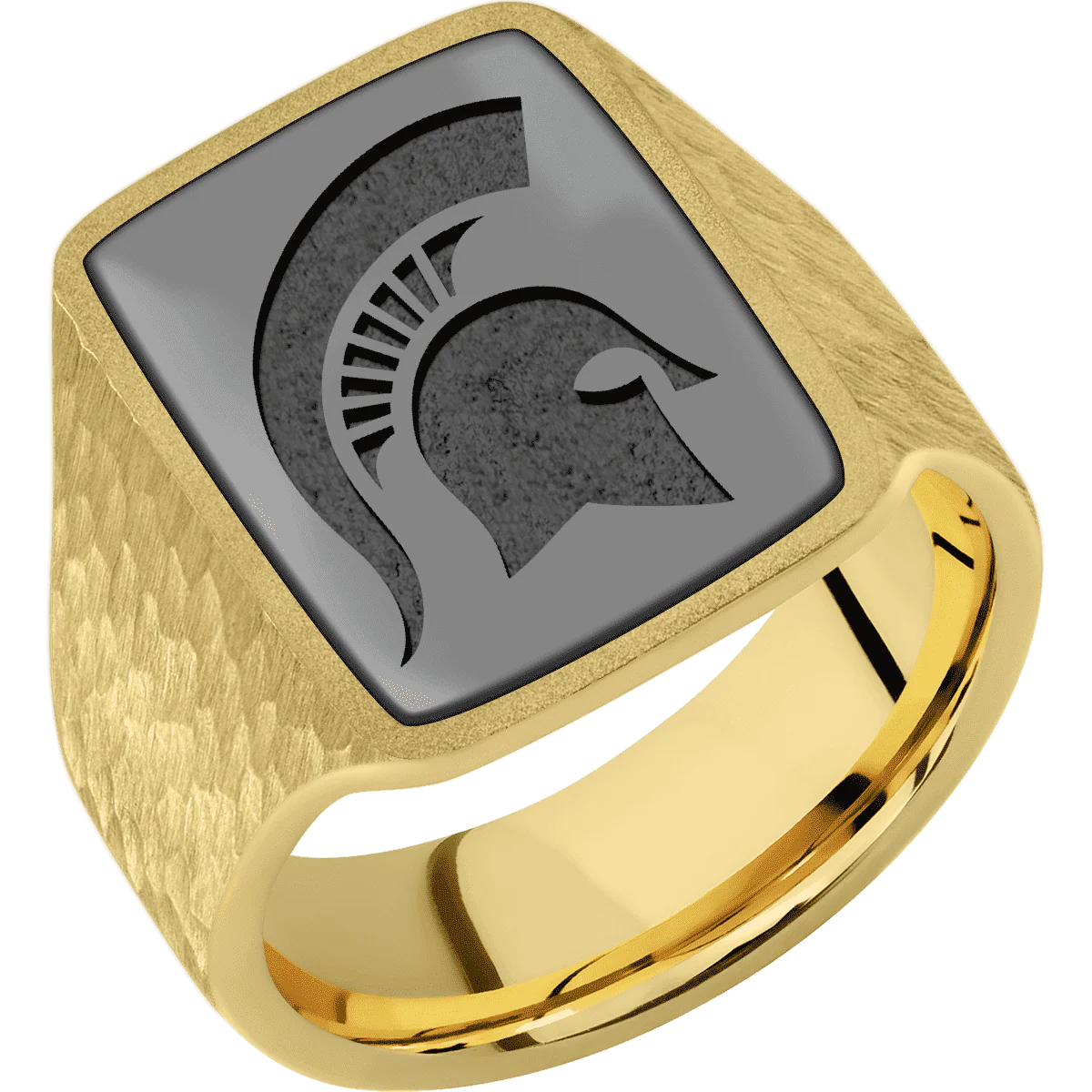 Large Rectangle signet ring (20x14.5mm) in 18K Yellow Gold, with a Wide style band, a Zirconium inlay and a Michigan State Spartan Helmet engraving. - Image 2