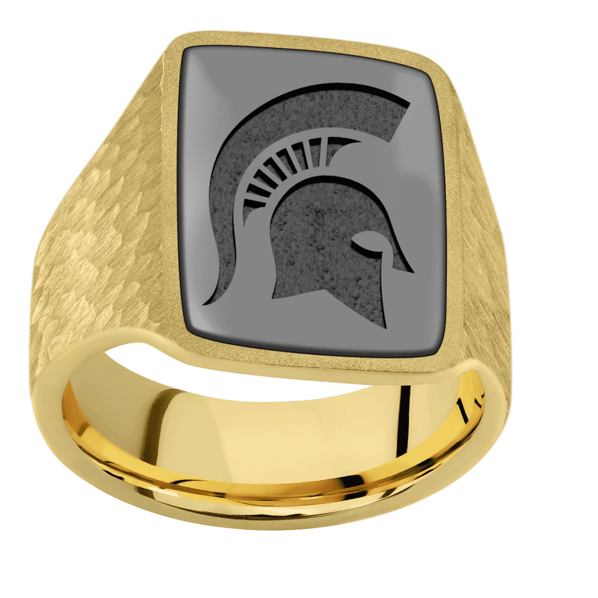 Large Rectangle signet ring (20x14.5mm) in 18K Yellow Gold, with a Wide style band, a Zirconium inlay and a Michigan State Spartan Helmet engraving. - Image 3