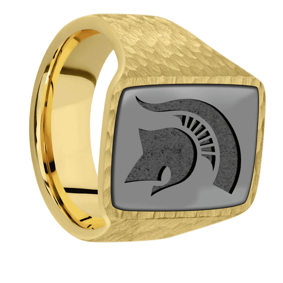 Large Rectangle signet ring (20x14.5mm) in 18K Yellow Gold, with a Wide style band, a Zirconium inlay and a Michigan State Spartan Helmet engraving.