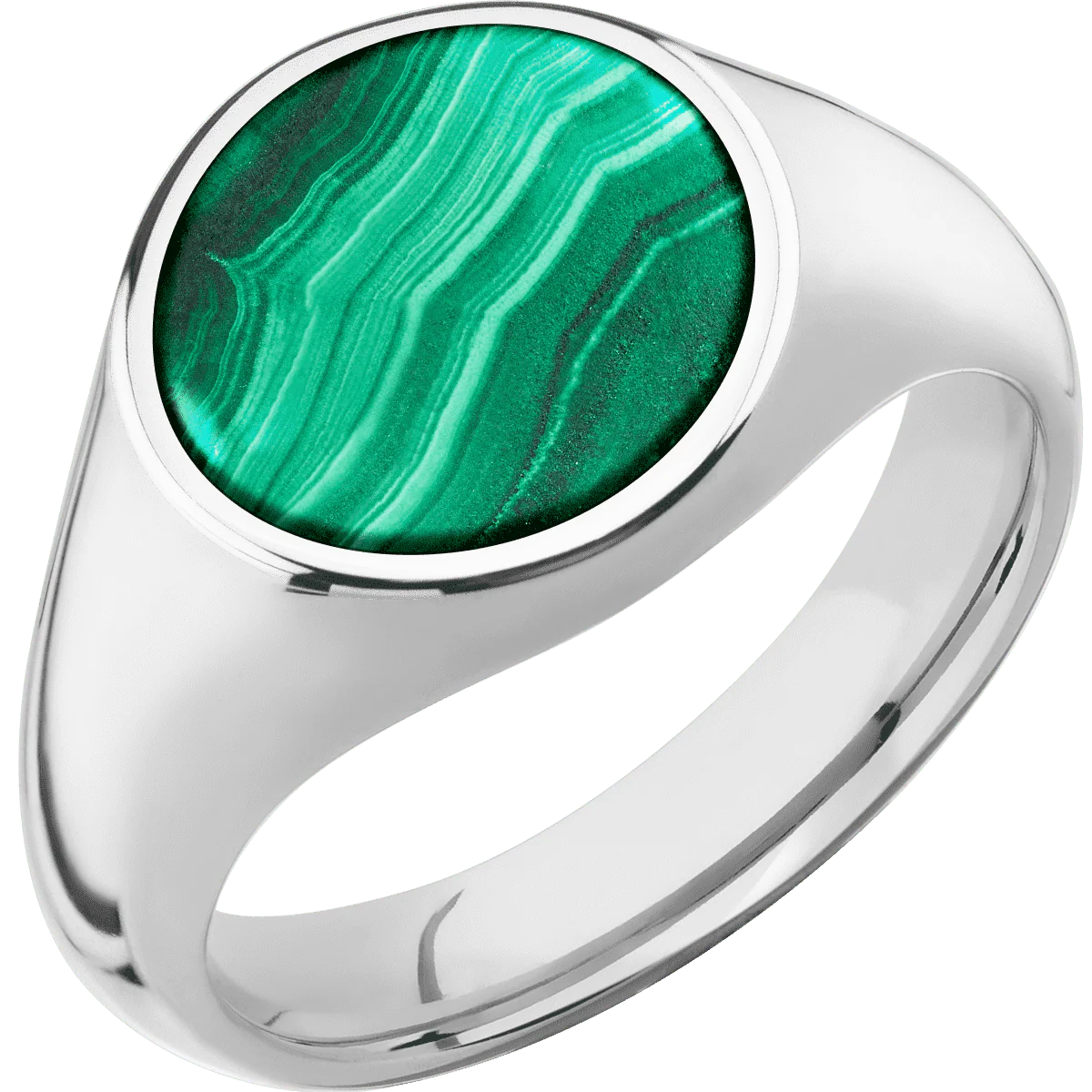 Medium Circle signet ring (14mm) in Palladium Silver, with a Wide style band, a Malachite inlay. - Image 2