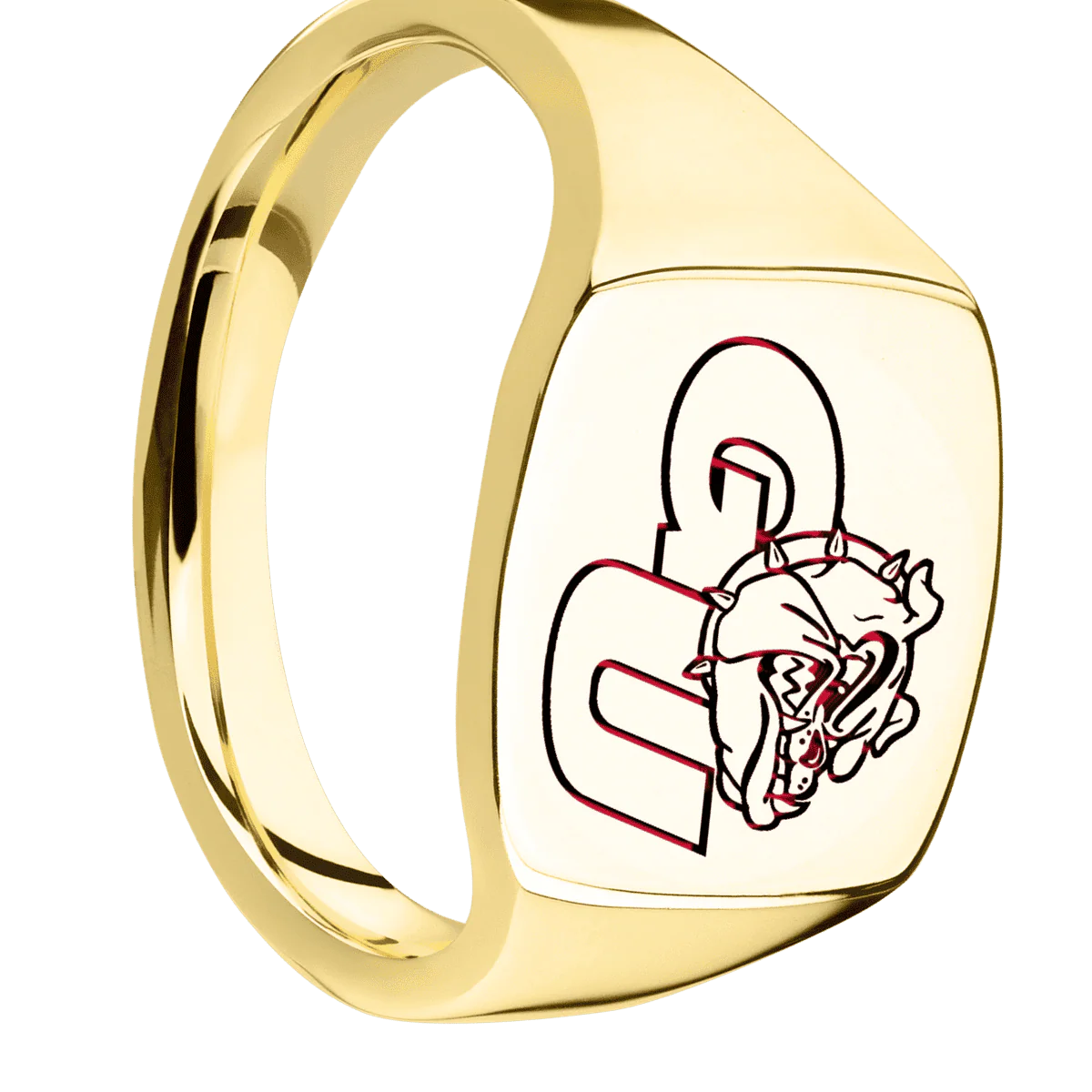 Medium Cushion signet ring (14x14mm) in 10K Yellow Gold, with a Thin style band and a Gonzaga GU Bulldog engraving.