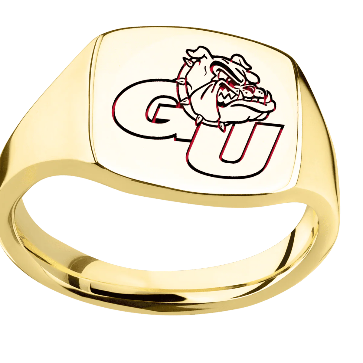 Medium Cushion signet ring (14x14mm) in 10K Yellow Gold, with a Thin style band and a Gonzaga GU Bulldog engraving. - Image 3
