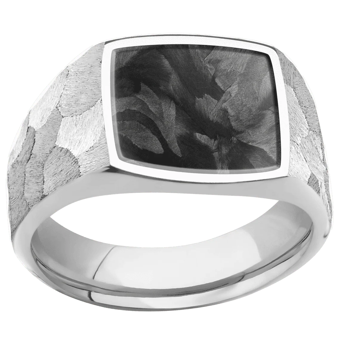 Medium Cushion signet ring (14x14mm) in 14K White Gold, with a Wide style band, a Forged Carbon Fiber inlay. - Image 3