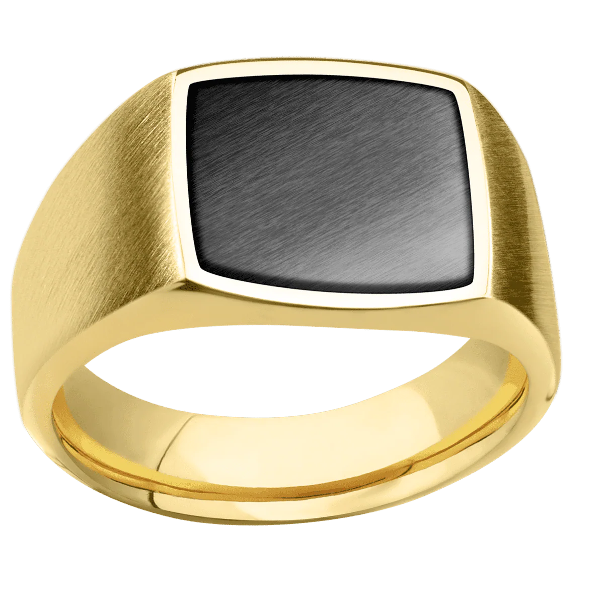 Medium Cushion signet ring (14x14mm) in 14K Yellow Gold, with a Wide style band, a Zirconium inlay. - Image 3