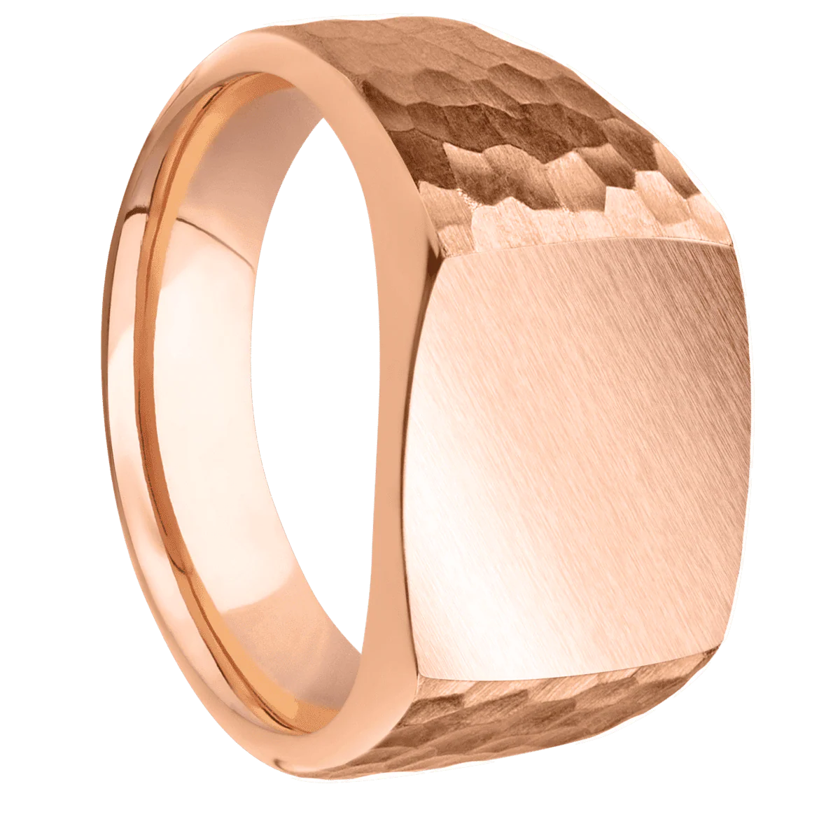 Medium Cushion signet ring (14x14mm) in 18K Rose Gold, with a Wide style band.