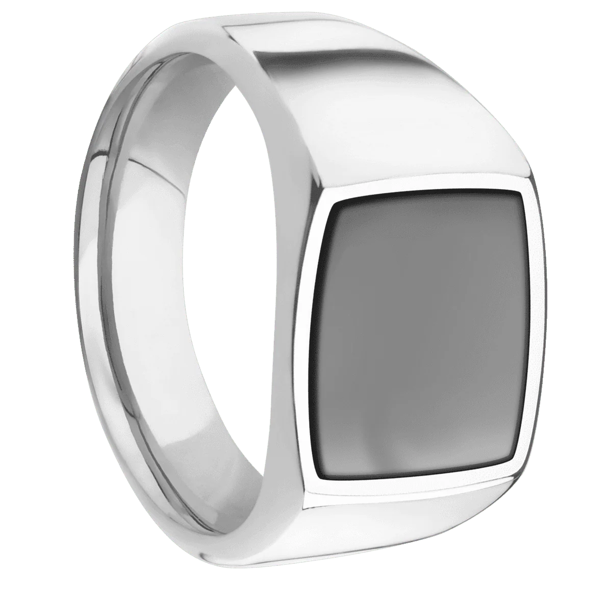 Medium Cushion signet ring (14x14mm) in Cobalt Chrome, with a Wide style band, a Zirconium inlay.