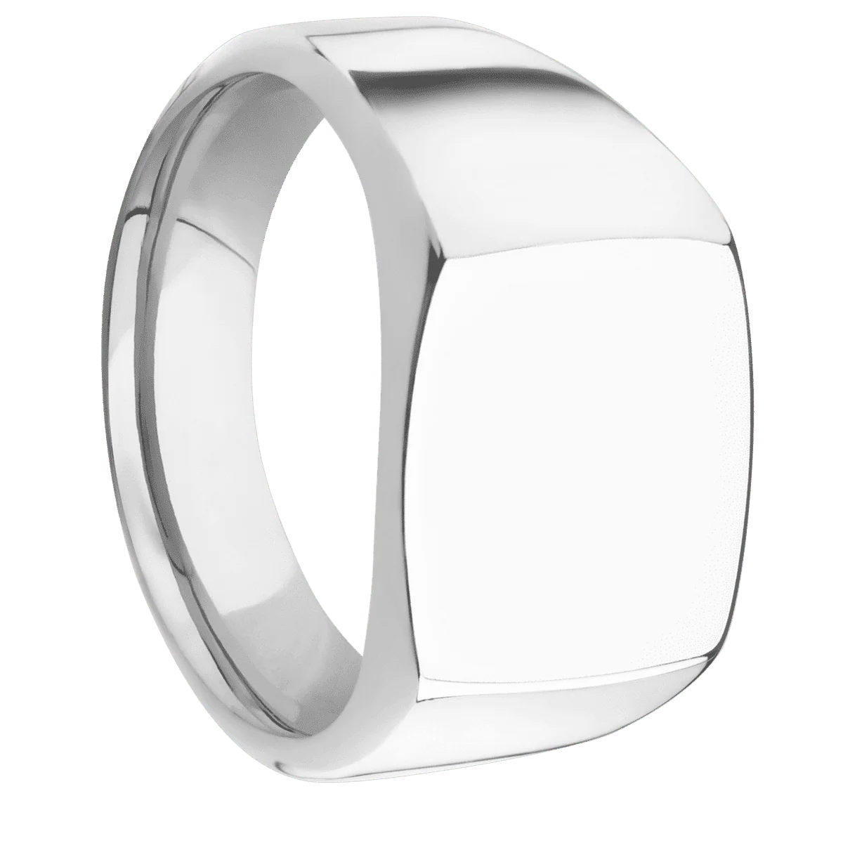 Medium Cushion signet ring (14x14mm) in Palladium Silver, with a Wide style band.