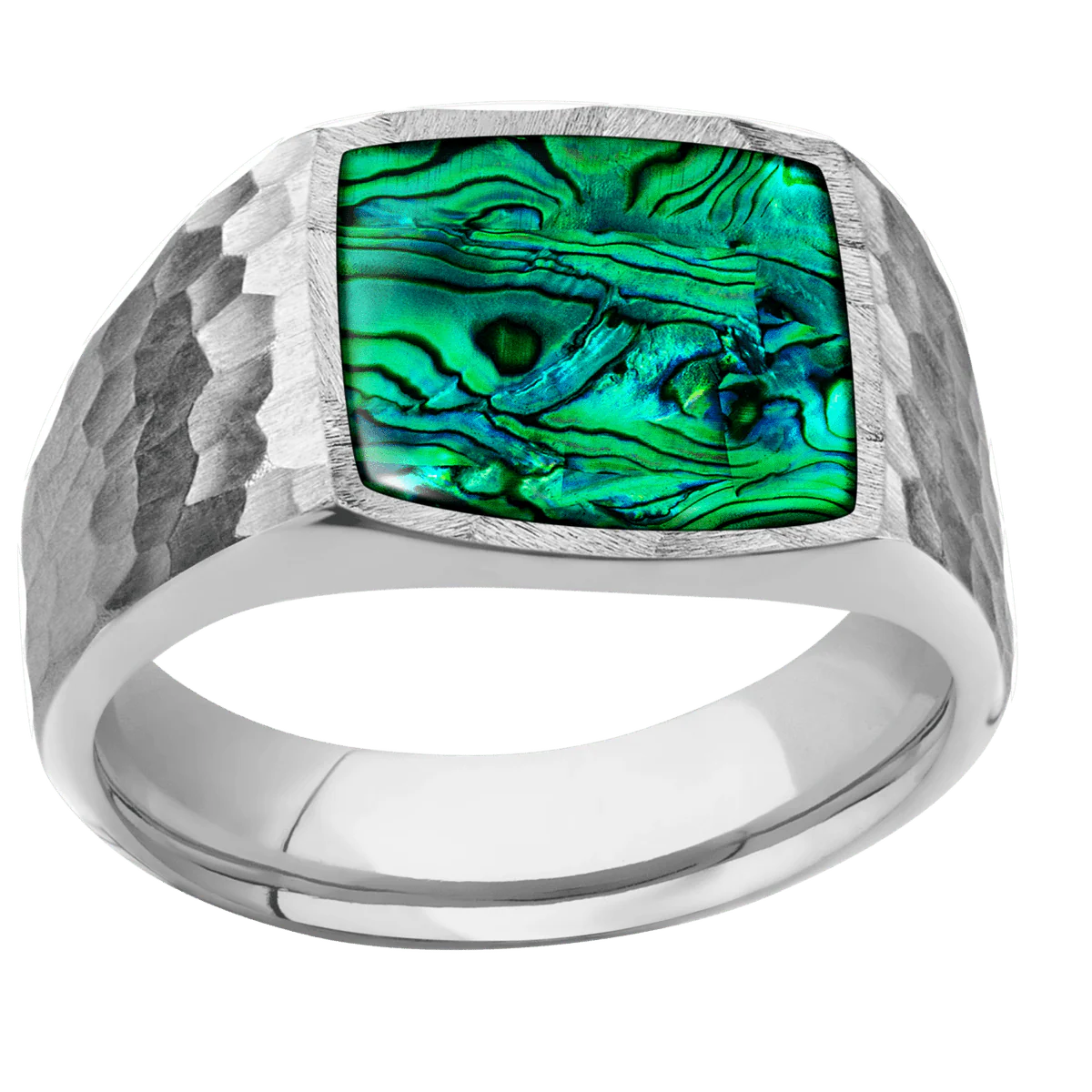 Medium Cushion signet ring (14x14mm) in Palladium Silver, with a Wide style band, a Green Abalone inlay. - Image 3