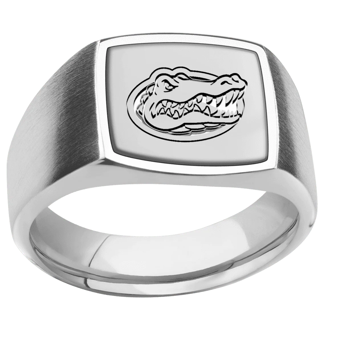 Medium Cushion signet ring (14x14mm) in Palladium Silver, with a Wide style band, a Titanium inlay and a Florida Gator Head engraving. - Image 3