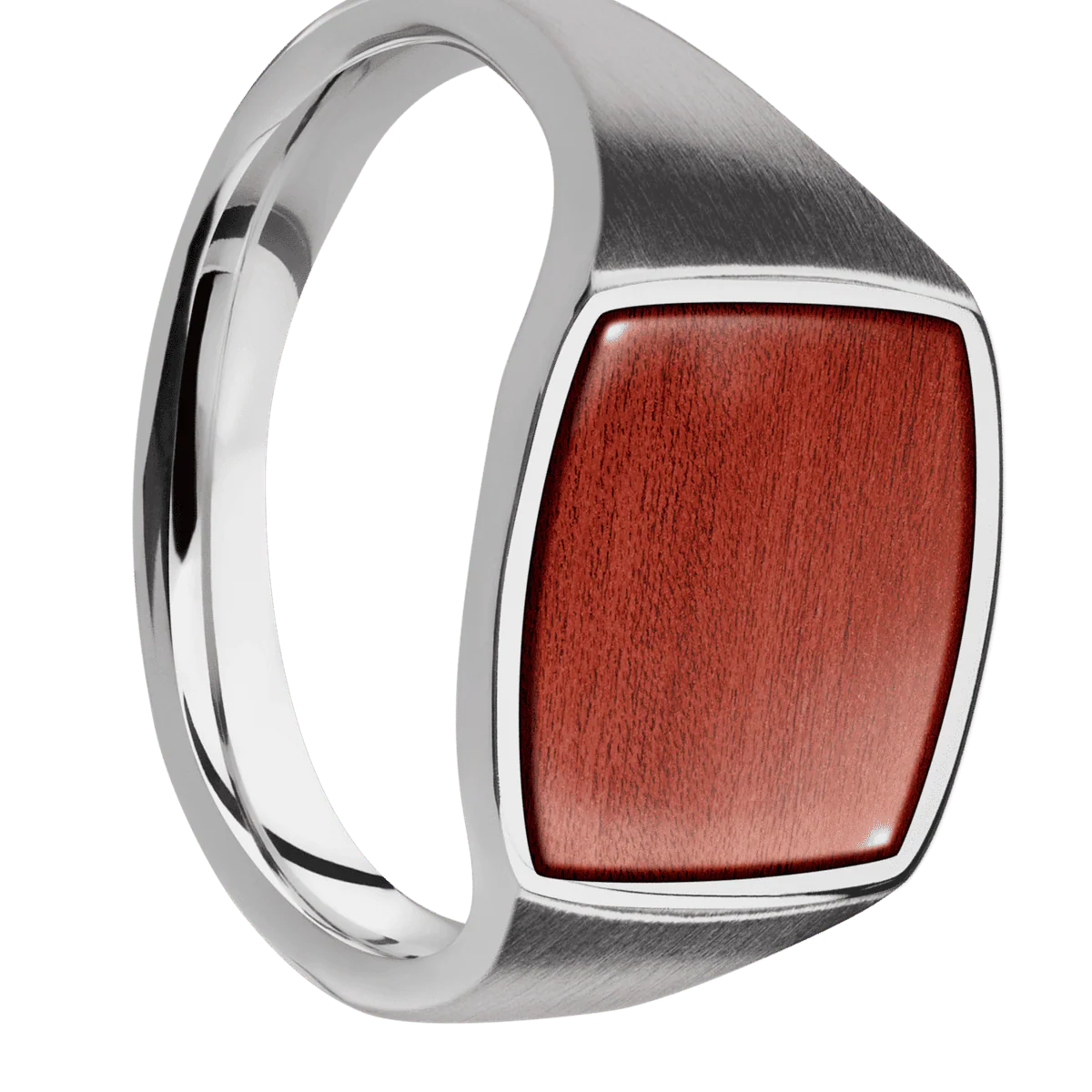 Medium Cushion signet ring (14x14mm) in Titanium, with a Thin style band, a Blood Wood inlay.