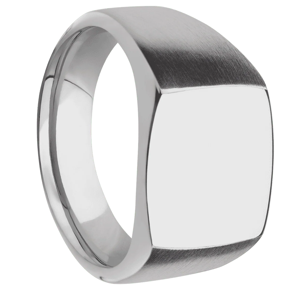 Medium Cushion signet ring (14x14mm) in Titanium, with a Wide style band.