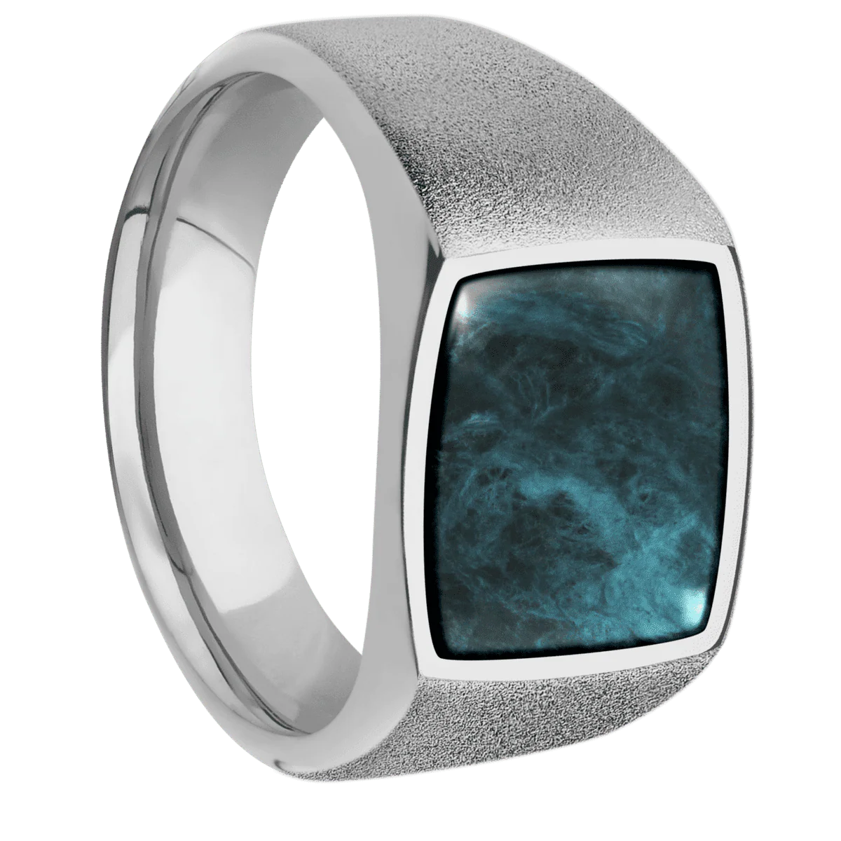 Medium Cushion signet ring (14x14mm) in Titanium, with a Wide style band, a Washington Blue Jade inlay.