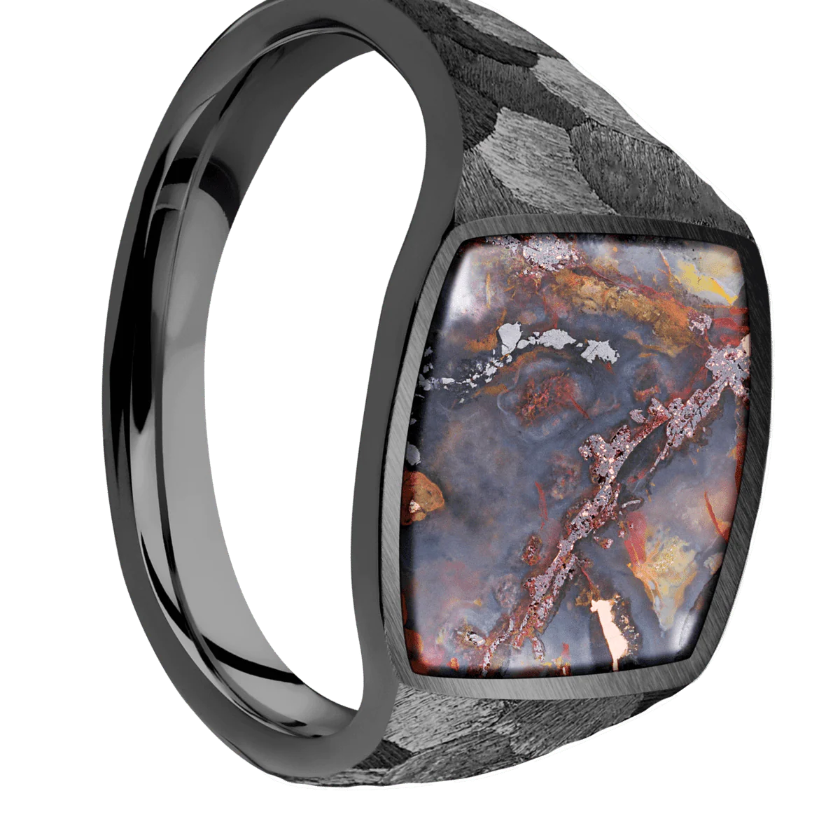 Medium Cushion signet ring (14x14mm) in Zirconium, with a Thin style band, a Chrysocopper inlay.