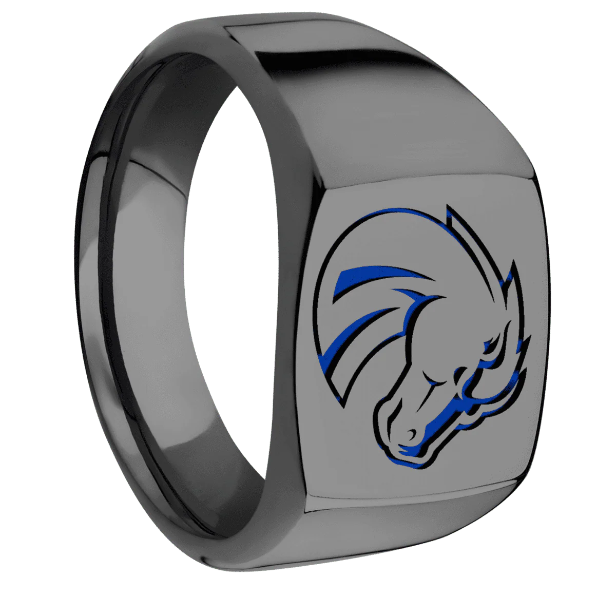 Medium Cushion signet ring (14x14mm) in Zirconium, with a Wide style band and a Boise State Bronco engraving.