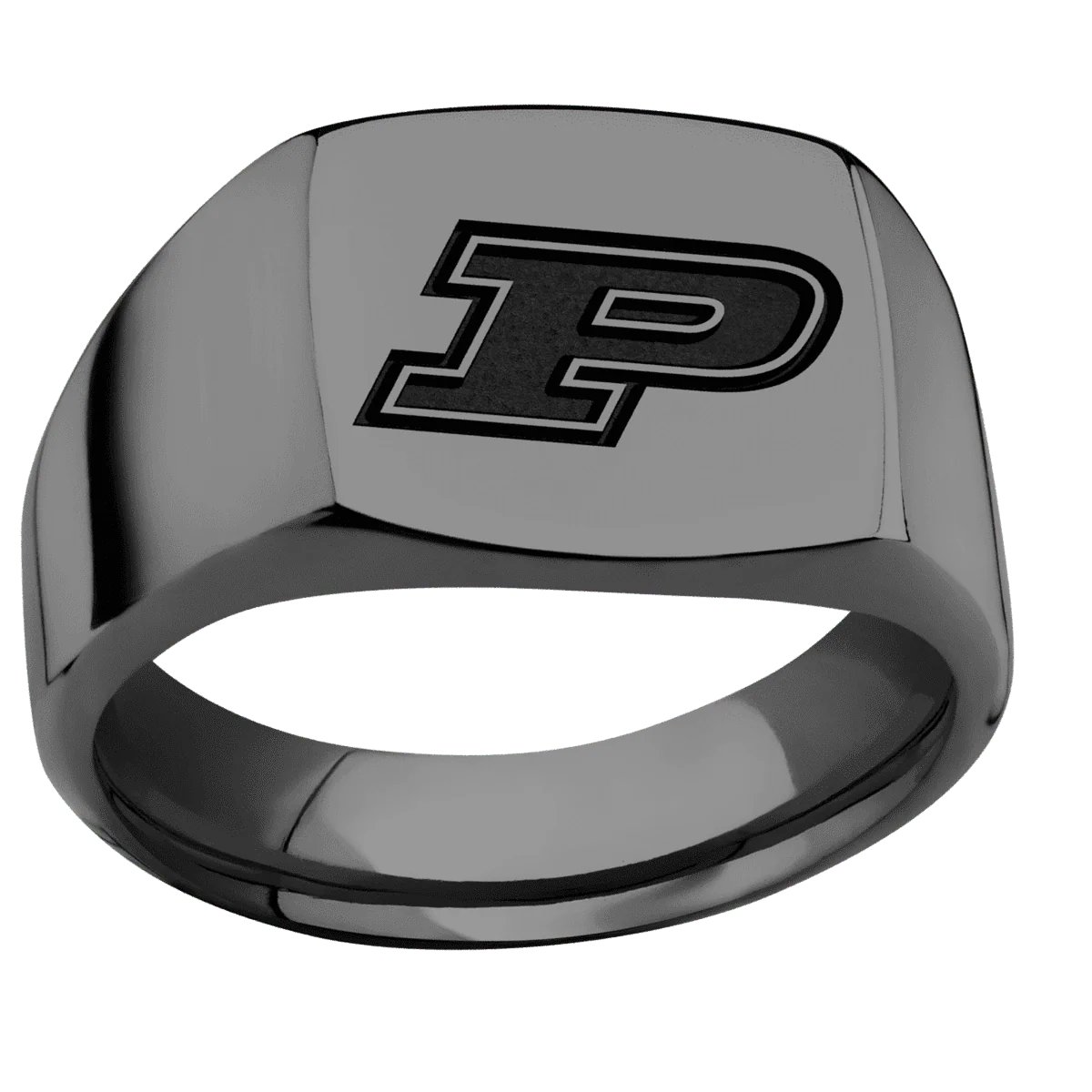 Medium Cushion signet ring (14x14mm) in Zirconium, with a Wide style band and a Purdue Motion P engraving. - Image 3