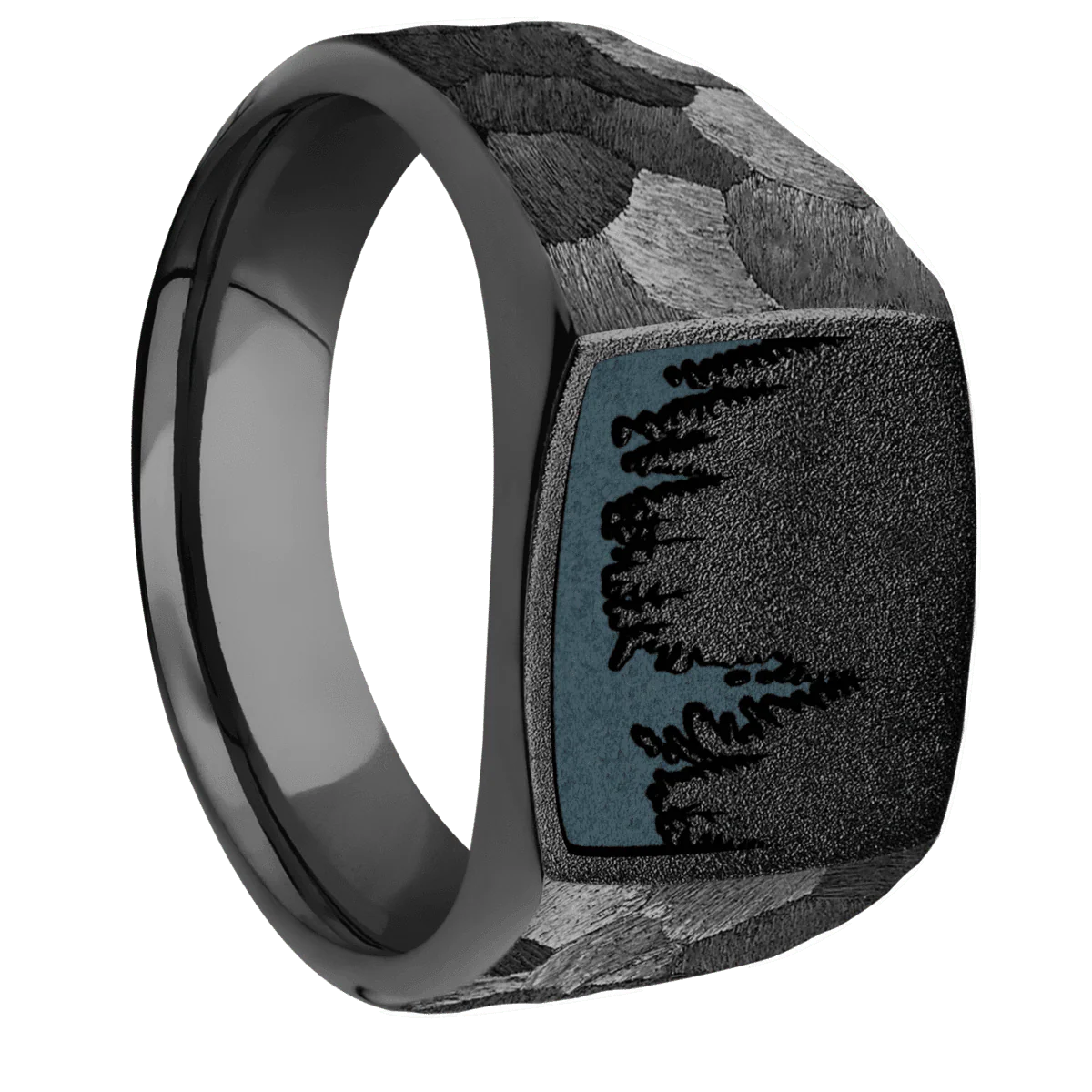Medium Cushion signet ring (14x14mm) in Zirconium, with a Wide style band and a Trees engraving.