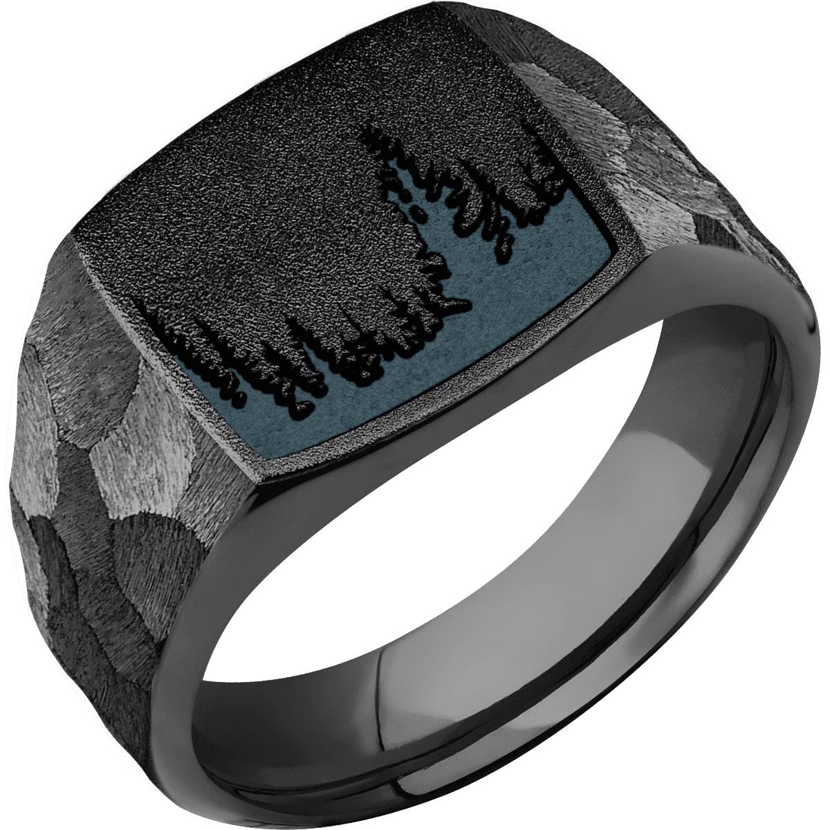 Medium Cushion signet ring (14x14mm) in Zirconium, with a Wide style band and a Trees engraving. - Image 2