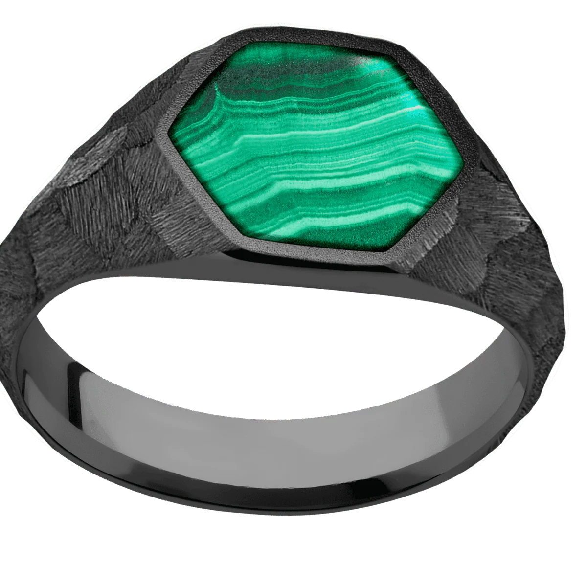 Medium Hexagon signet ring (13.9x12mm) in Zirconium, with a Wide style band, a Malachite inlay. - Image 3