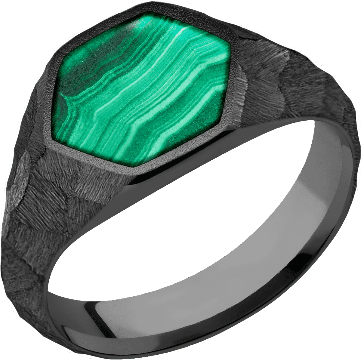 Medium Hexagon signet ring (13.9x12mm) in Zirconium, with a Wide style band, a Malachite inlay. - Image 2