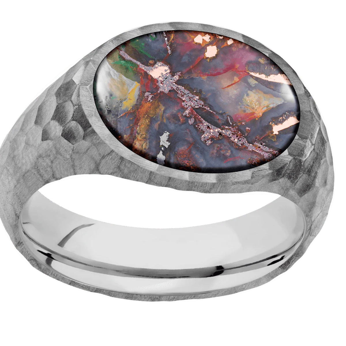 Medium Horizontal Oval signet ring (16x13mm) in Titanium, with a Wide style band, a Chrysocopper inlay. - Image 3