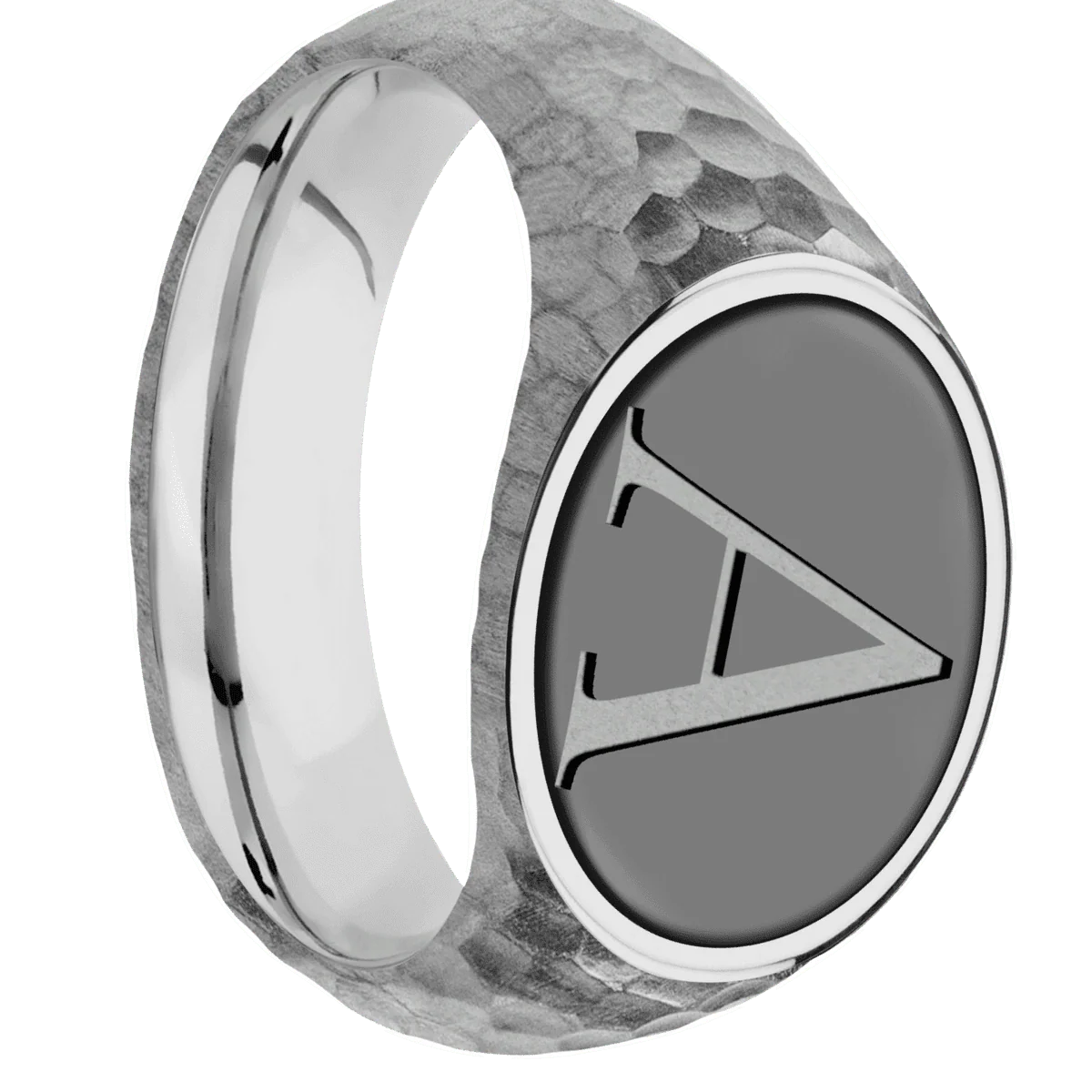 Medium Horizontal Oval signet ring (16x13mm) in Titanium, with a Wide style band, a Zirconium inlay and a Book Antiqua 1 engraving.