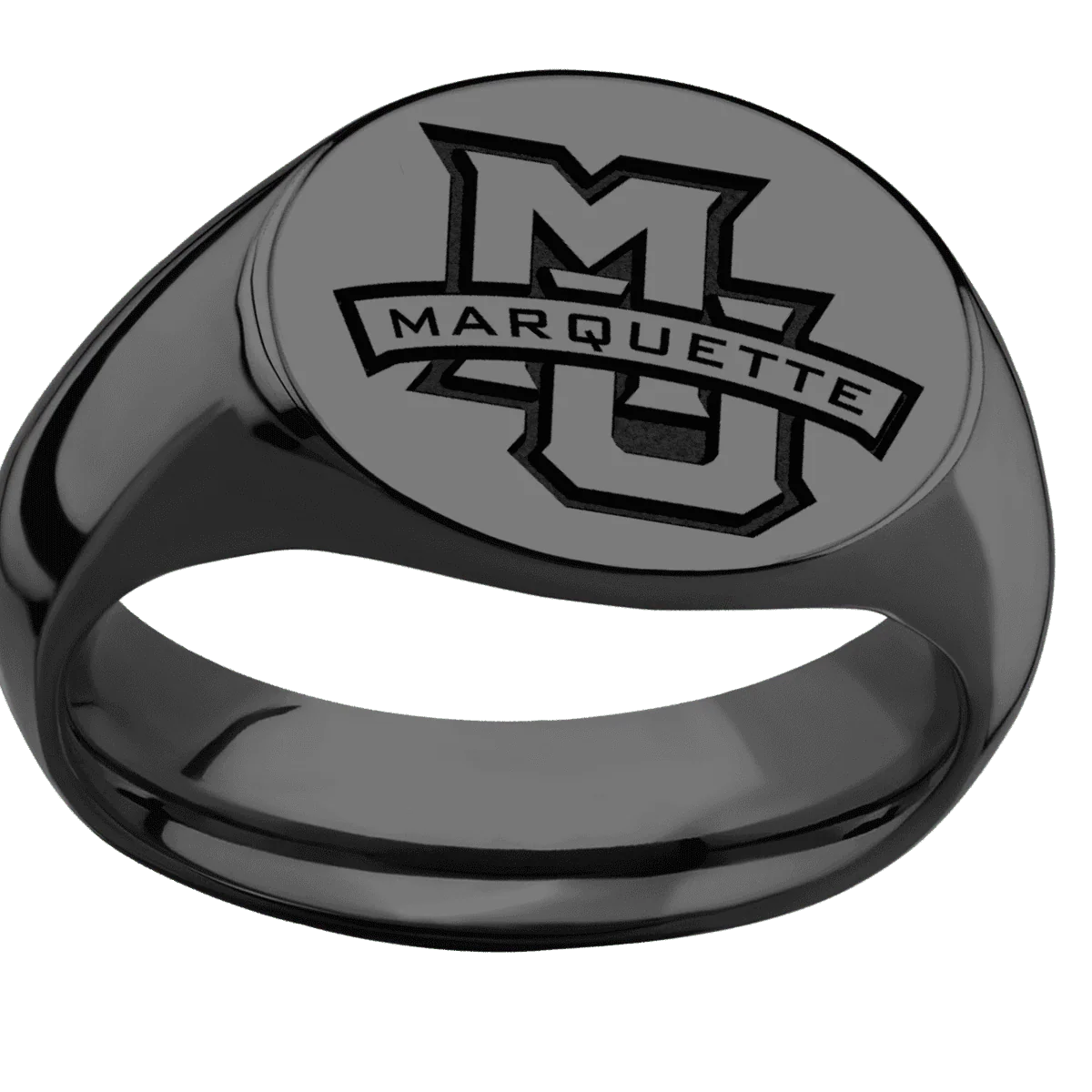 Medium Horizontal Oval signet ring (16x13mm) in Zirconium, with a Wide style band and a Marquette MU Banner engraving. - Image 3