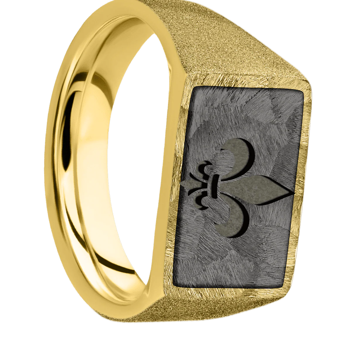 Medium Horizontal Rectangle signet ring (16x11.5mm) in 10K Yellow Gold, with a Wide style band, a Tantalum Noir inlay and a Fleur De Lis engraving.
