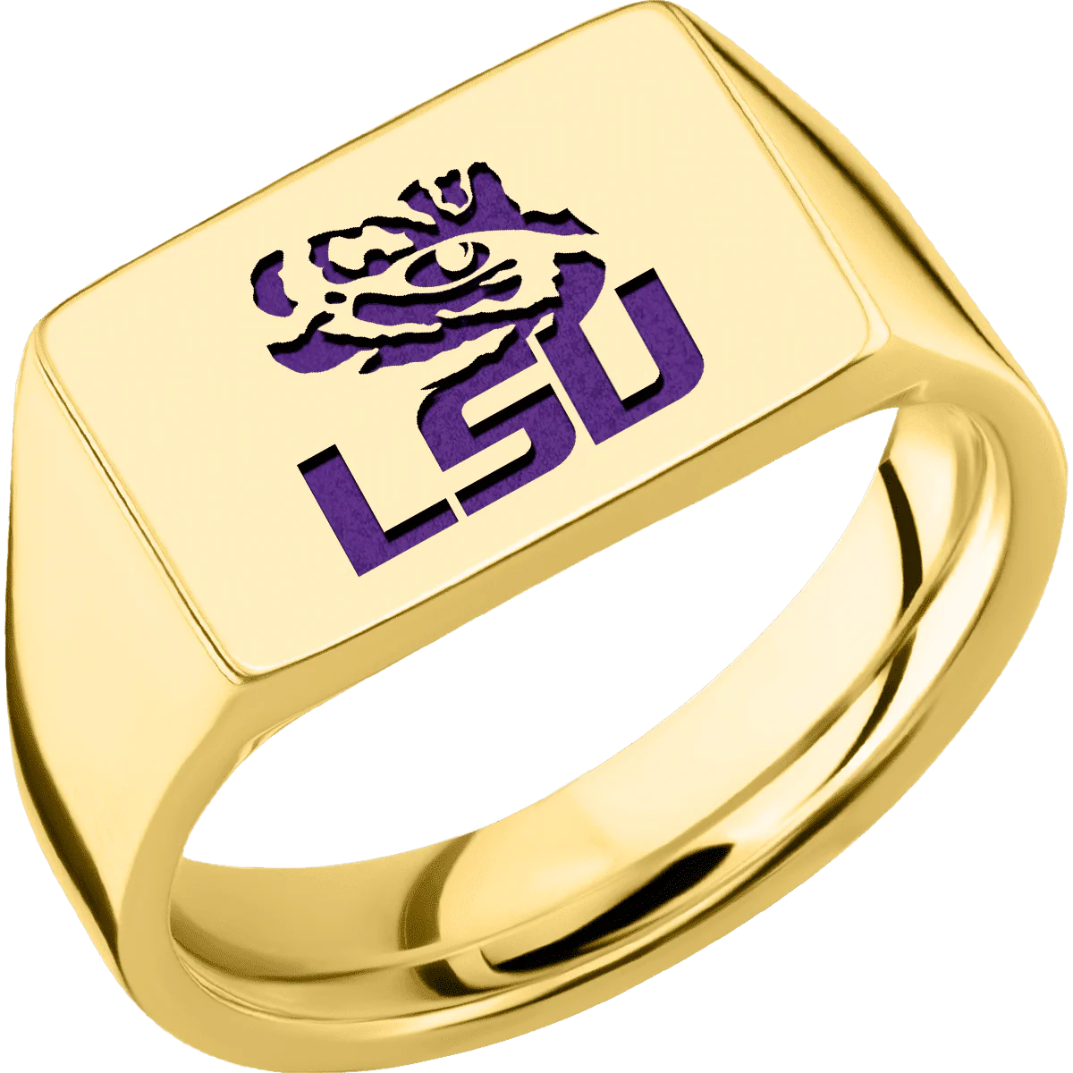 Medium Horizontal Rectangle signet ring (16x11.5mm) in 14K Yellow Gold, with a Wide style band and a Louisiana State LSU Tiger Eye Combo engraving. - Image 2