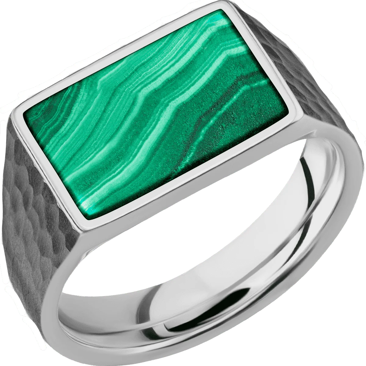 Medium Horizontal Rectangle signet ring (16x11.5mm) in Titanium, with a Wide style band, a Malachite inlay. - Image 2