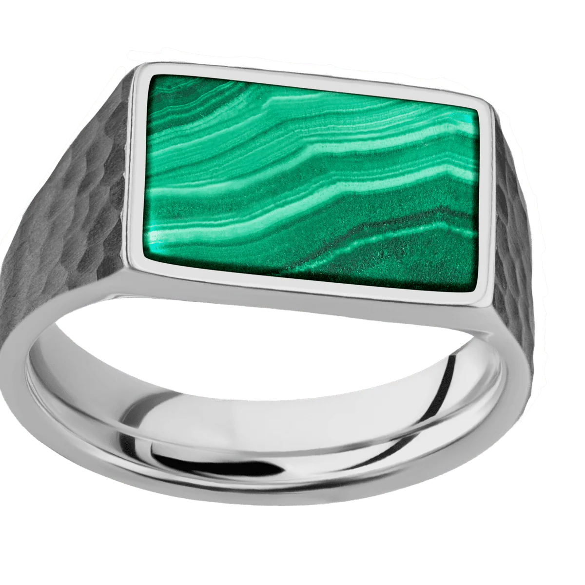 Medium Horizontal Rectangle signet ring (16x11.5mm) in Titanium, with a Wide style band, a Malachite inlay. - Image 3