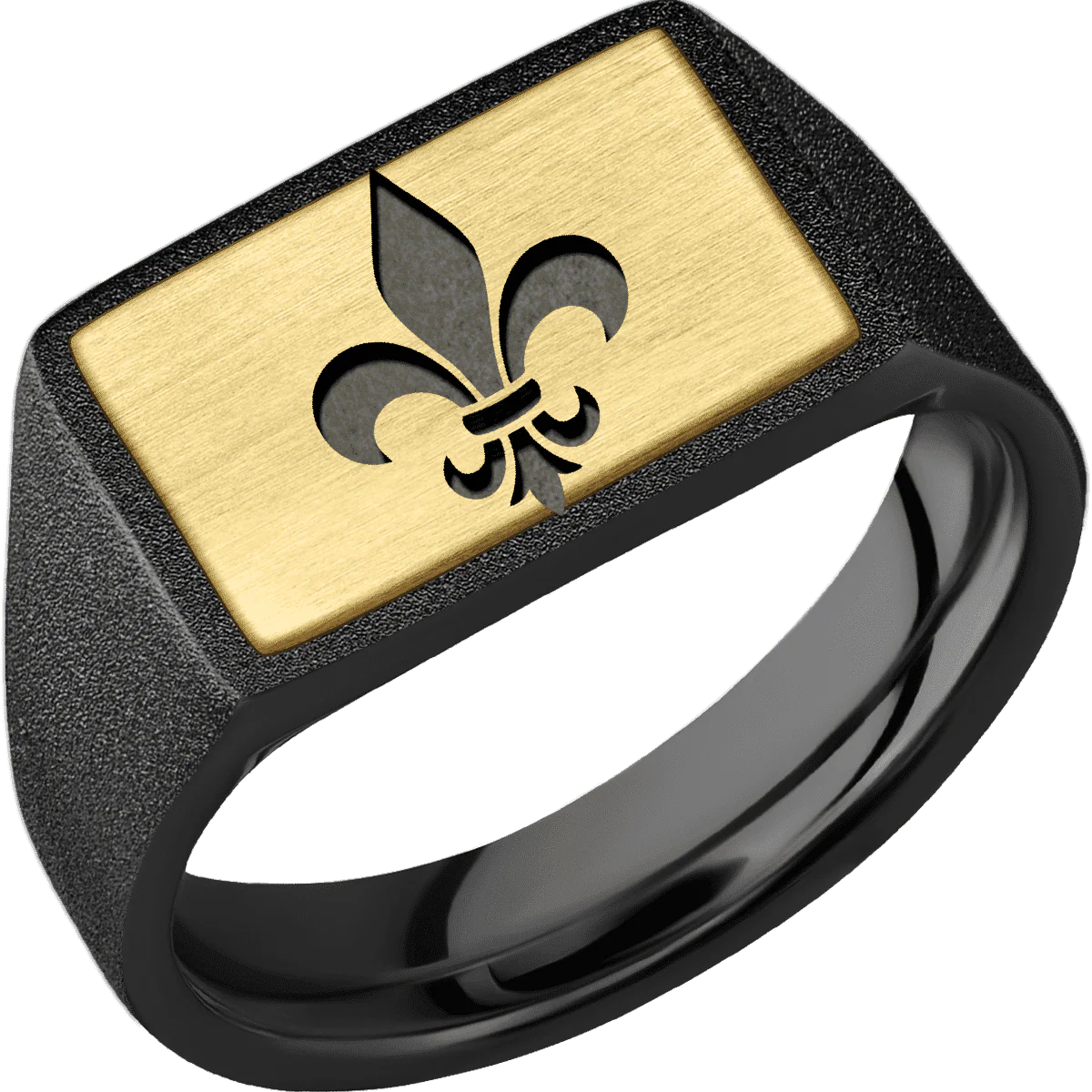 Medium Horizontal Rectangle signet ring (16x11.5mm) in Zirconium, with a Wide style band, a 14K Yellow Gold inlay and a Fleur De Lis engraving. - Image 2