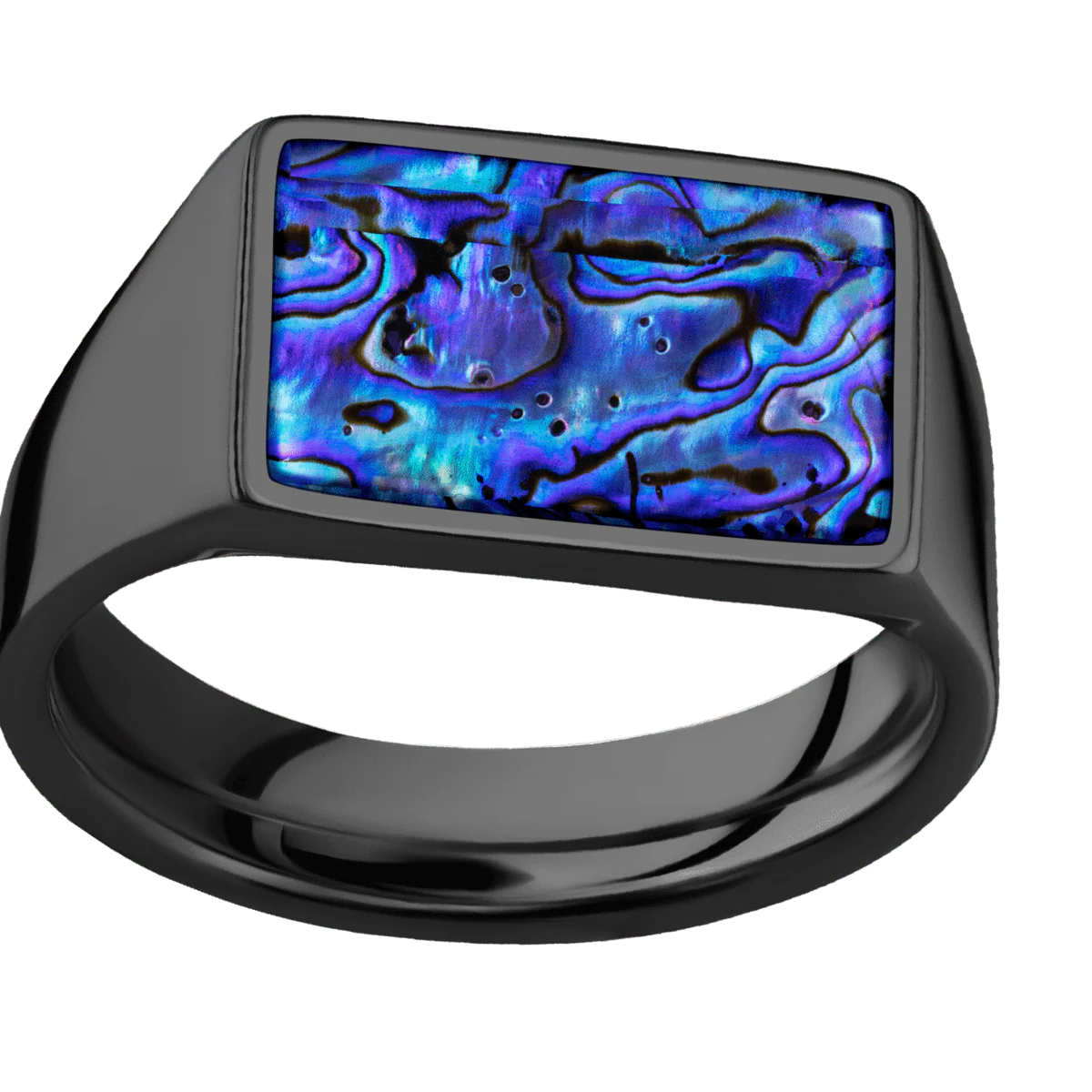 Medium Horizontal Rectangle signet ring (16x11.5mm) in Zirconium, with a Wide style band, a Blue Purple Abalone inlay. - Image 3