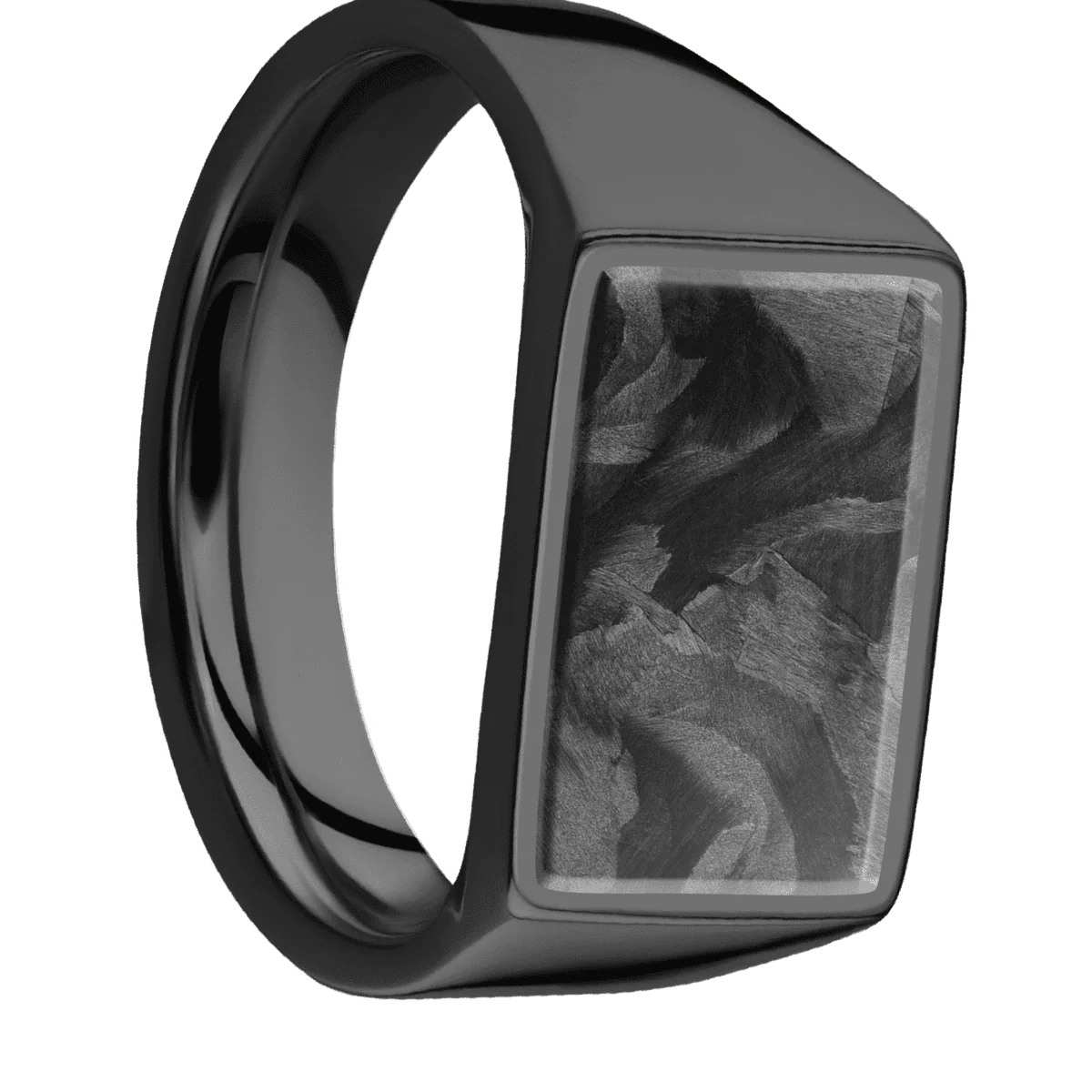 Medium Horizontal Rectangle signet ring (16x11.5mm) in Zirconium, with a Wide style band, a Forged Carbon Fiber inlay.