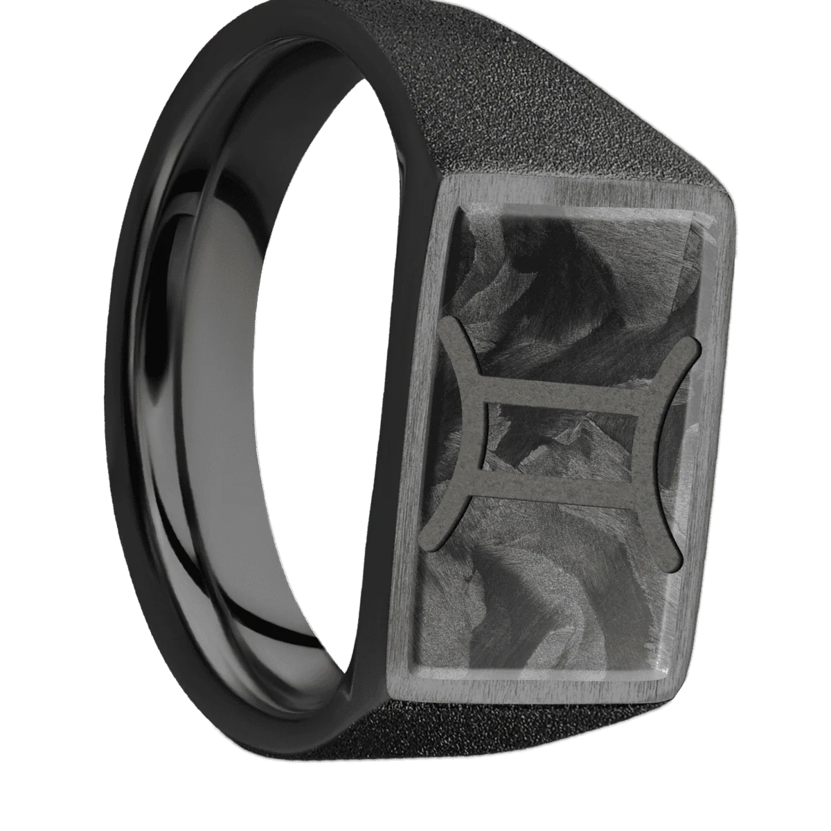 Medium Horizontal Rectangle signet ring (16x11.5mm) in Zirconium, with a Wide style band, a Forged Carbon Fiber inlay and a GEMINI engraving.