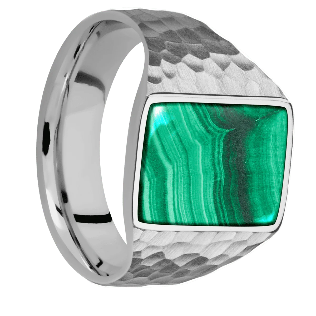 Medium Rectangle signet ring (16x11.5mm) in Titanium, with a Wide style band, a Malachite inlay.