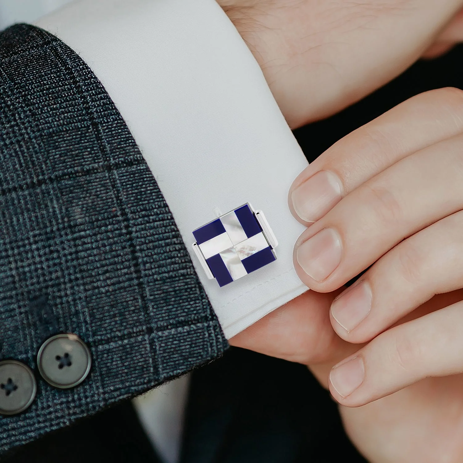 Mother of Pearl and Lapis Blue Windmill Square Cufflinks - Image 5