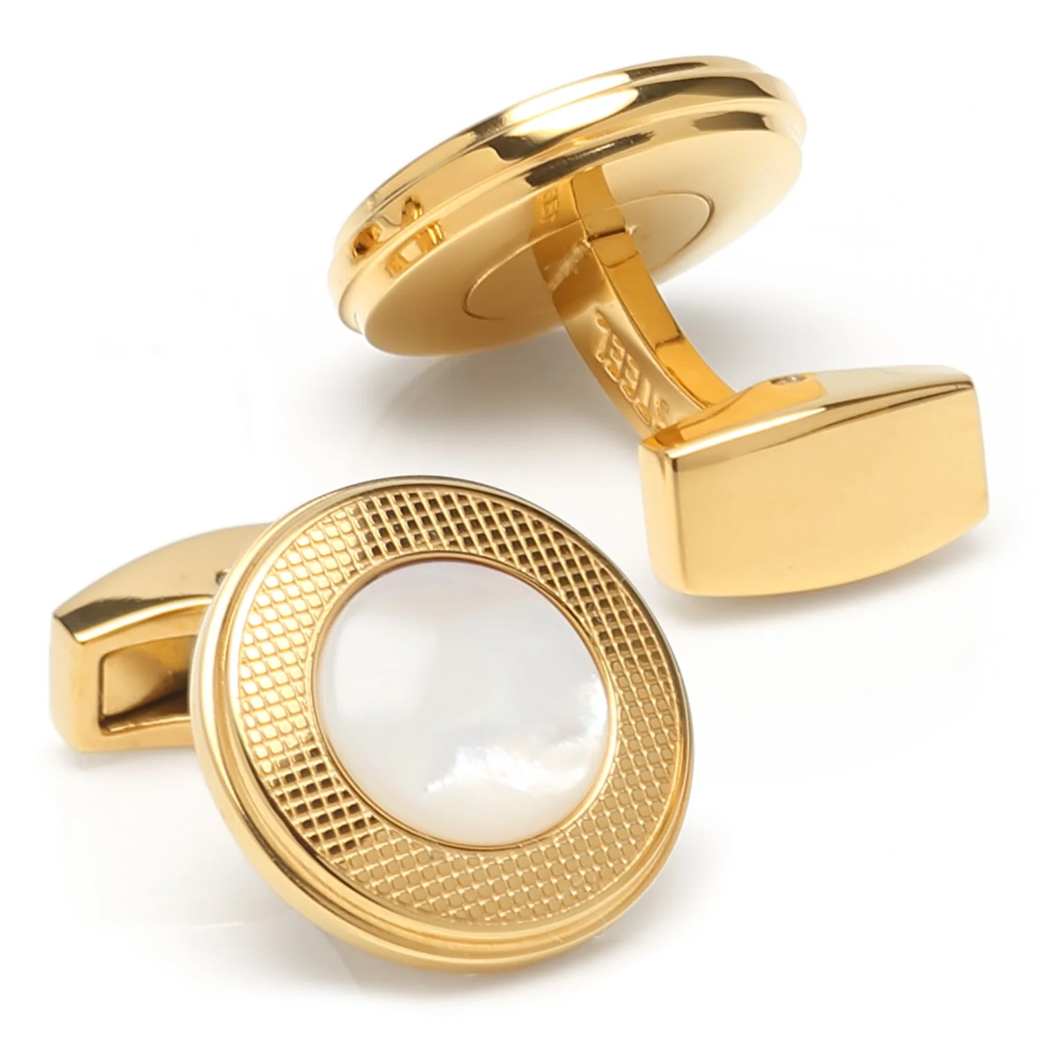 Mother of Pearl Round Gold Stainless Steel Cufflinks - Image 2