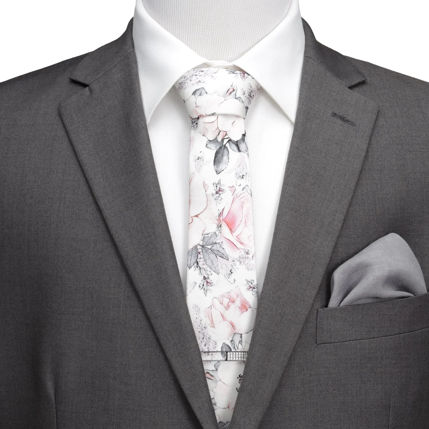 Painted Floral Gray Necktie and Pocket Square Gift Set - Image 4