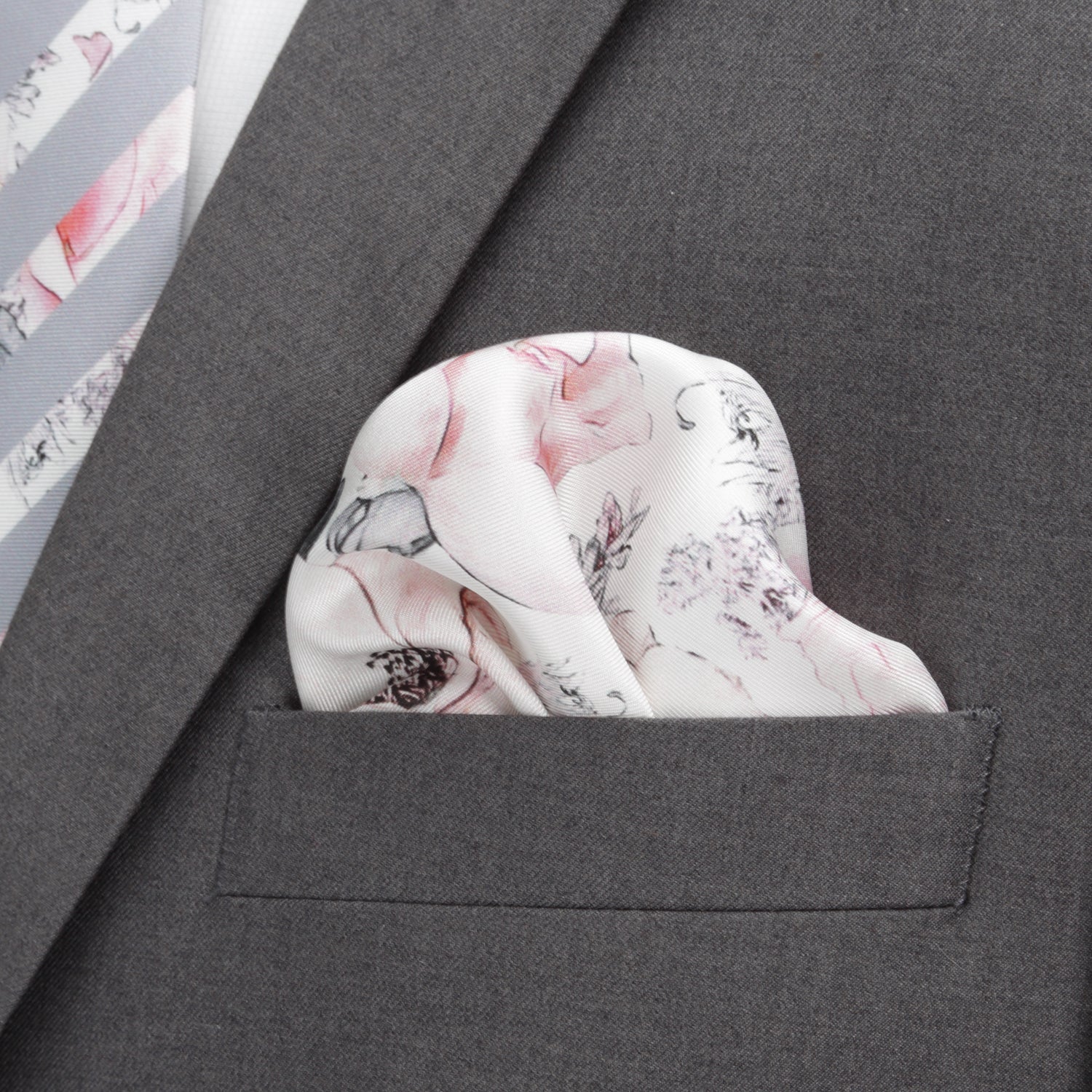 Painted Floral Gray Necktie and Pocket Square Gift Set - Image 7