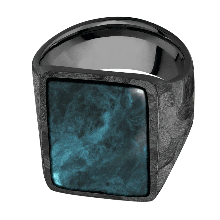 Rectangle Black Titanium Signet Ring / Rock Ring Finish and Rock Signet Finish / Washington Blue Jade Inlay with Semi-Precious Polish Finish / Size 9 - Image 3